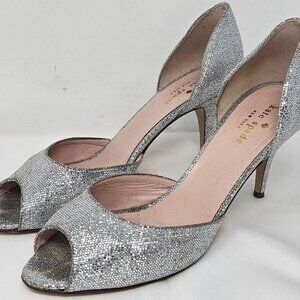 ✨ Kate Spade New York Silver Glitter Peep Toe Heels – Elegant Party Shoes